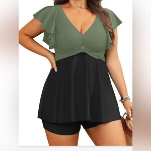 ALISEA Plus Size Swim Dress Tummy Control Flutter Sleeve Green Black 22W
